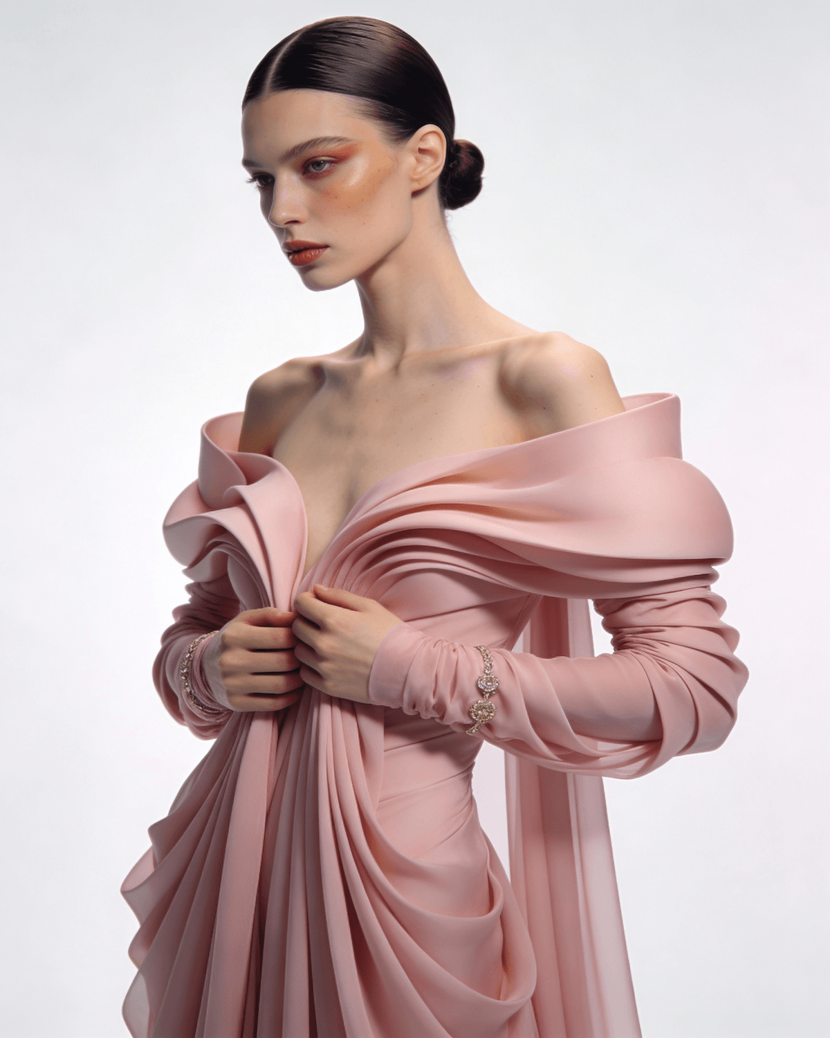 Une femme en robe drapée rose poudré, chignon lisse et bracelets bijoux