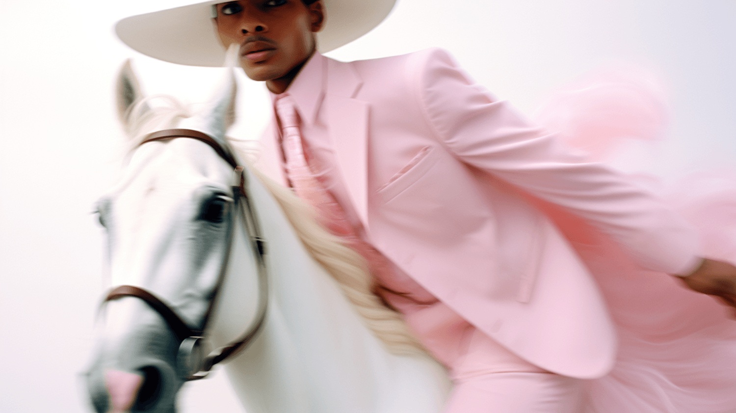 Un homme en costume rose et chapeau blanc qui galope sur un cheval blanc