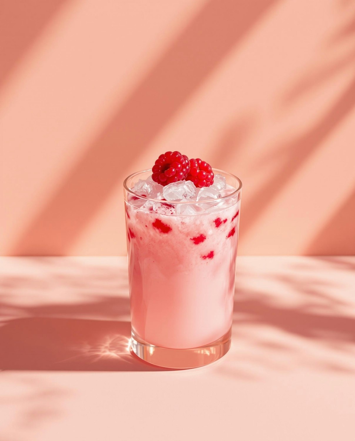 Un cocktail rose glacé garni de framboises fraîches