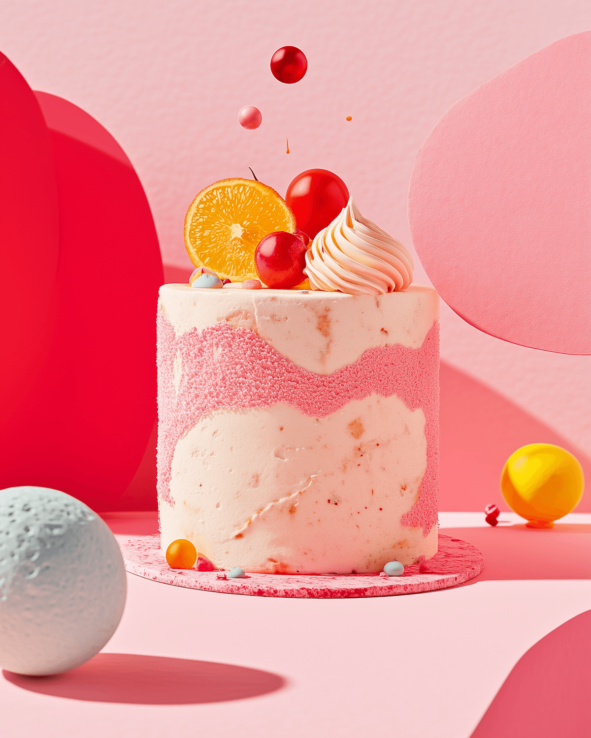 Un gâteau marbré rose et blanc décoré de cerises et d'une tranche d'orange